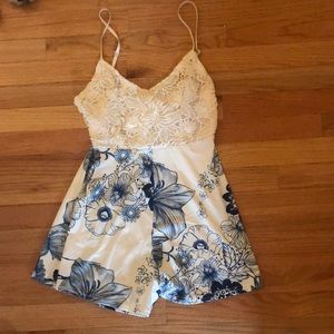 Blue and White Floral and Lace Romper